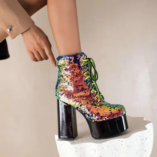 Vista 5 de Caradise Glitter Sparkly Platform Boots Sequin High Heeled Combat Boots Lace Up Chunky High Heel Ankle Boots 5.5 in-oro