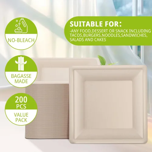 Vista 4 de LIYH Paquete de 200 platos de papel cuadrados de caña de azúcar compostables de 6 pulgadas, platos de postre biodegradables y de cóctel desechables