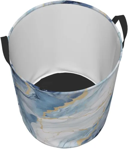 Vista 3 de Cesta circular con estampado de mármol blanco y azul, impermeable, cesta organizadora de lavandería, con asas, para ropa, juguetes, pequeña