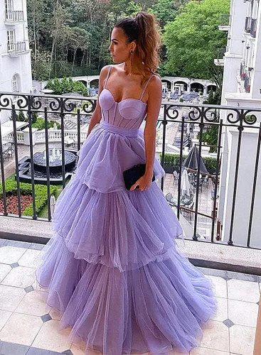 Vista 3 de Vestido de graduación para mujer, de tul escalonado, largo, con tirantes delgados, acampanado, formal, vestido de fiesta de noche