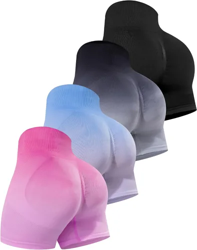 Vista 19 de CHRLEISURE Pantalones Cortos de Entrenamiento para Mujer, 4 Paquetes, Cintura Alta, Levantamiento de Glúteos con Fruncido, Pantalones Cortos Booty