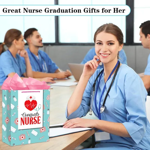 Vista 3 de PETCEE Bolsa de regalo de graduación para enfermeras, bolsa de regalo de felicitaciones para enfermeras con papel de seda para ella, regalos