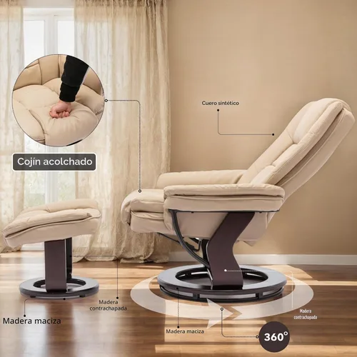 Vista 7 de Sillón reclinable giratorio con sofá reclinable otomano, reposapiés, juego Beige