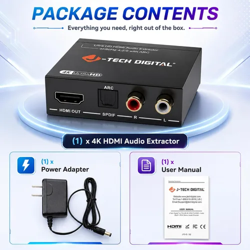 Vista 7 de J-Tech - Convertidor de extractor de audio HDMI digital 4K 60Hz con óptica SPDIF, 3 modos de audio EDID, paso HDCP y soporte de sistema AV heredado