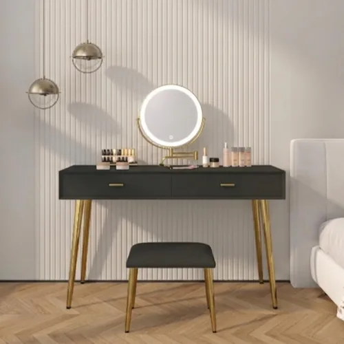 Vista 11 de Juego de escritorio con espejo giratorio de 360° y luces, pequeño tocador de maquillaje con cuero de microfibra, mesa de tocador con 2 cajones Beige