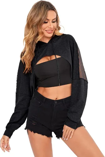 Vista 3 de Verdusa Sudadera corta con capucha y cordón para mujer con hombros caídos de red transparente