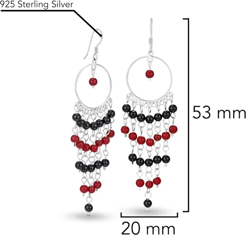 Vista 4 de RED-BLACK aro Círculo Lámpara de araña Plata de ley 925. Dangle Earrings
