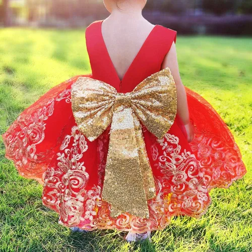 Vista 4 de 0-6T - Vestido de tutú de encaje bordado con lentejuelas y lazo grande para fiestas de bebé y niñas pequeñas con tocado
