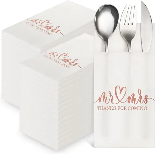 Vista 8 de Panelee 100 servilletas de boda con bolsillo integrado para cubiertos de Mr and Mrs personalizadas, sensación de lino, suministros de cena Dorado
