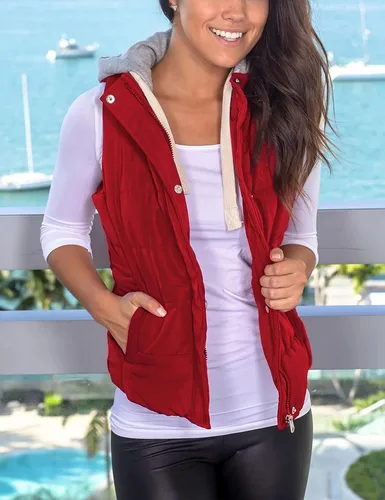 Vista 4 de Chaleco Yeokou acolchado para mujer, para invierno, con capucha extraíble, sin mangas y entallado