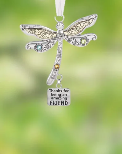 Vista 4 de Adorno de amigo con texto en inglés "Thank for Being an Amazing Friend" con diseño de libélula, adornos pensados, regalo de amistad, decoración