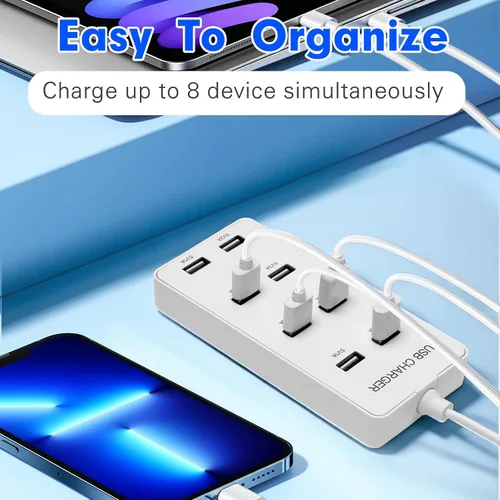 Vista 6 de Cargador de pared USB Estación de carga USB para múltiples dispositivos, tira de concentrador de carga de 8 puertos, bloque de cargador inteligente