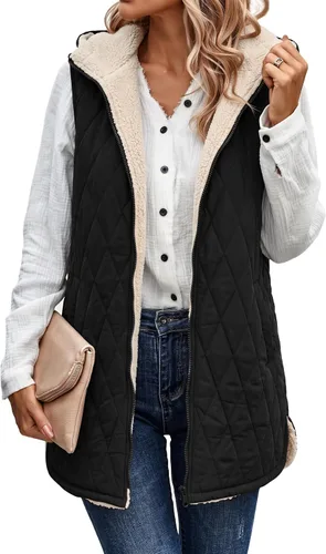 Vista 21 de ECOWISH Chaleco largo acolchado para mujer: chaqueta de forro polar reversible con cremallera para otoño 2025, abrigo de invierno cálido sin mangas