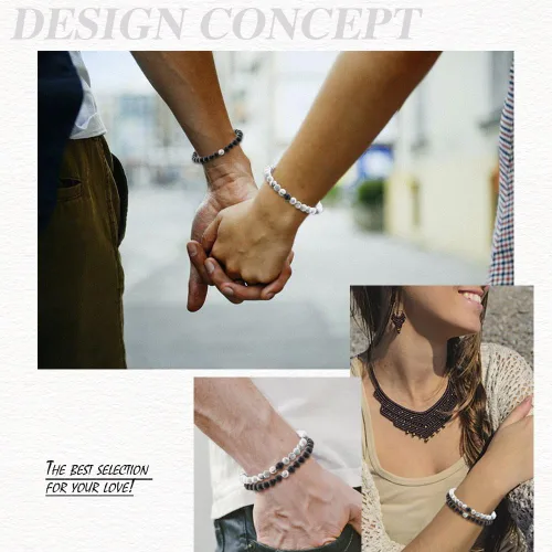 Vista 2 de Pulseras de amistad para parejas, de larga distancia, ágata mate negra y howlita blanca, cuentas de energía natural, brazalete para sus hombres