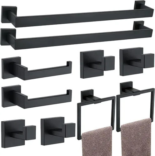 Vista 18 de Juego de 5 piezas de accesorios de ferretería para baño en negro mate, juego de toalleros cuadrados de 16 pulgadas para baño, juego de barras