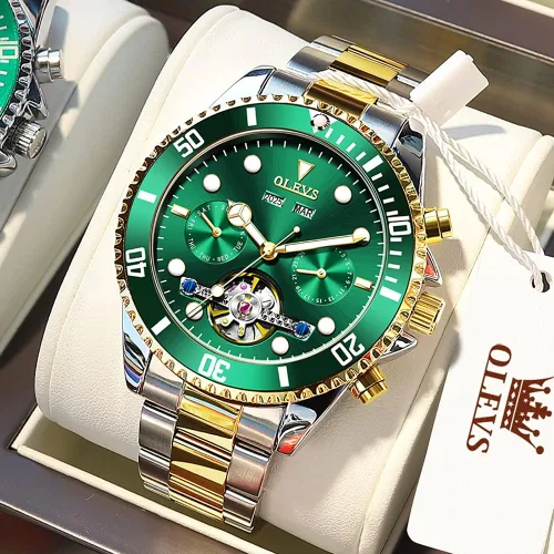 Vista 3 de OLEVS Reloj automático para hombres, reloj mecánico de cuerda automática, calendario para hombres, reloj de pulsera de acero inoxidable con esfera