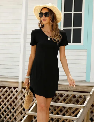 Vista 4 de Haola Vestido corto casual de manga corta con cuello en V profundo para mujer