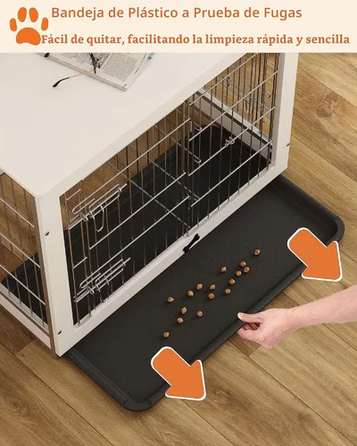 Vista 5 de Piskyet Muebles de madera para perros con panel divisor, mesa auxiliar de jaula para perros con bandeja deslizante fijable, puertas dobles