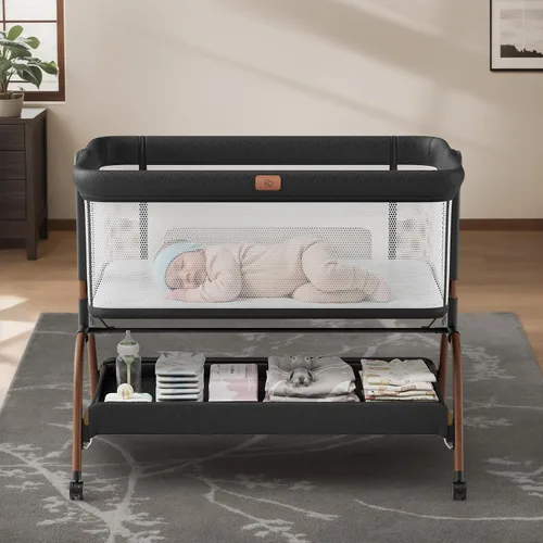 Vista 7 de BabyBond Cuna de mesita de noche, cuna estable y segura para recién nacidos, rosa