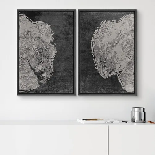 Vista 2 de SIGNWIN Lienzo enmarcado para pared, juego de arte con anillos de árbol de bosque grunge en blanco y negro, ilustraciones de naturaleza silvestre