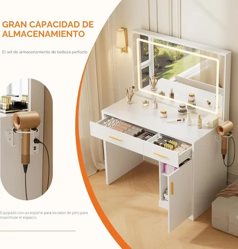 Vista 5 de Sweetcrispy - Escritorio de maquillaje, espejo LED, estación de carga