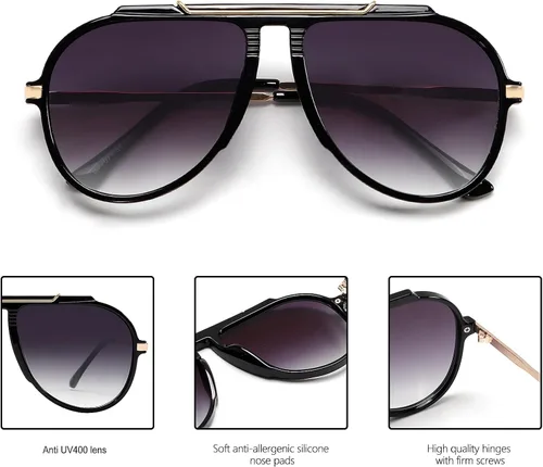 Vista 4 de Gafas de sol de aviador de gran tamaño para mujeres y hombres, estilo retro de los años 70, lentes de sol de metal dorado sin enredos, cuadrados