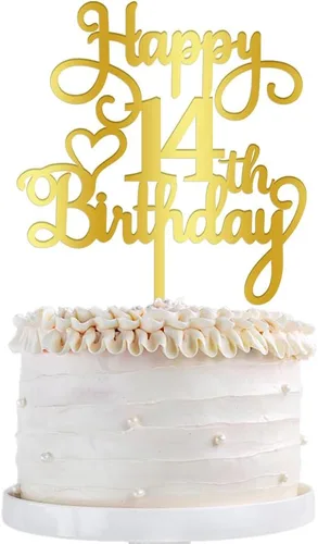 Vista 2 de Decoración de pastel de cumpleaños número 14, decoración acrílica dorada de doble cara, para decoración de pastel de feliz cumpleaños 14, decoración