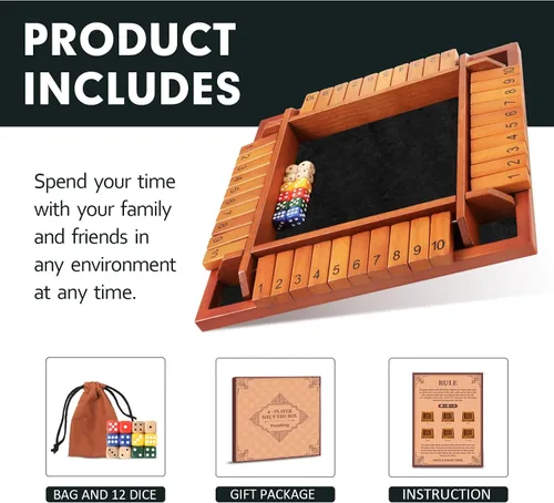 Vista 2 de TooyBing - Juego mejorado de dados Shut The Box para 1-4 jugadores, juego de mesa de madera para la familia para niños y adultos con 12 dados, juego