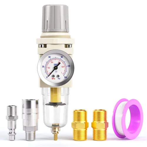 Vista 9 de TAILONZ PNEUMATIC Regulador de presión de filtro de aire de drenaje automático NPT de 1/2 pulgada Combo Piggyback, filtro compresor de herramienta