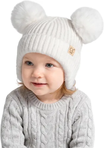 Vista 10 de C.C Gorro de Bebé con Doble Pompón de Piel con Orejeras para Niños y Niñas - Gorro de Punto Skully Cómodo, Suave y Cálido para Bebés, Niños Pequeños