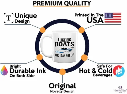 Vista 2 de Taza de café Boat Lover de 11 onzas, color blanco, con texto en inglés "I like Big Boats" (I like Big Boats), para amantes del lago, amante del mar