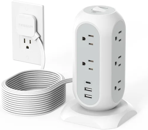 Vista 11 de Regleta con protector contra sobretensiones TESSAN, cable de extensión retráctil de 5 pies con múltiples tomas, 11 tomas con estación de carga de 3