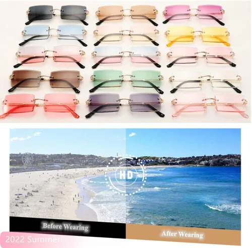 Vista 7 de BAWUYI Gafas de sol rectangulares sin montura de los años 90 y 2000 para mujeres y hombres, accesorios Y2K, vintage, retro, sin marco, gafas