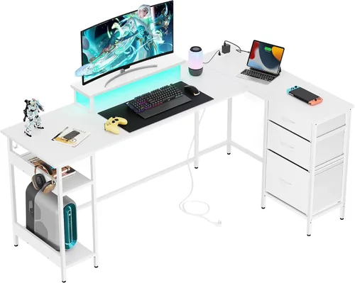 Vista 16 de DEVAISE Escritorio para juegos en forma de L de 48 pulgadas con cajones y almacenamiento, escritorio de esquina con luces LED, tomas de corriente