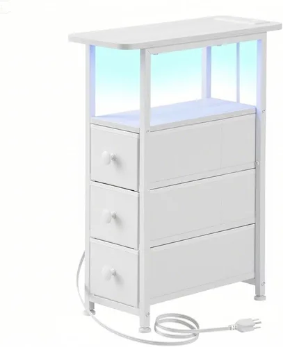 Vista 18 de DALEMHOME Mesa auxiliar estrecha con estación de carga, mesa auxiliar estrecha con cajón, mesita de noche pequeña con luz LED, mesita de noche Negro