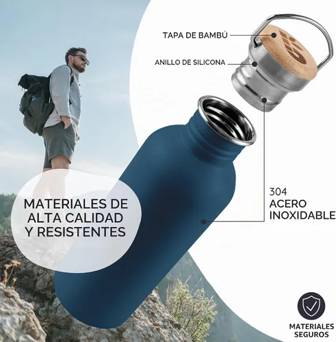 Vista 2 de Bambaw Botella de agua de acero inoxidable de 16 onzas, botella deportiva azul marino, no aislada, de pared simple, botella de agua pequeña de metal