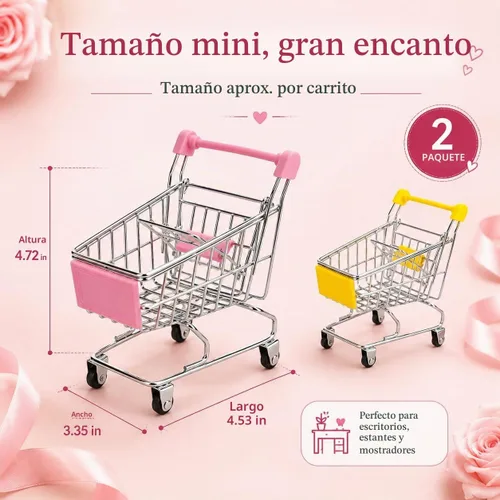 Vista 2 de 2 PC Mini Carrito de la compra Pequeño Carrito de Supermercado Metal Compras Utilidad Supermercado Carro de Mano, Amarillo y Rosa