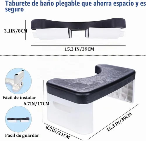 Vista 2 de Taburete de inodoro plegable, taburete de inodoro plegable de 6.7 pulgadas, taburete de baño plegable para todas las edades, taburete de pie de Negro