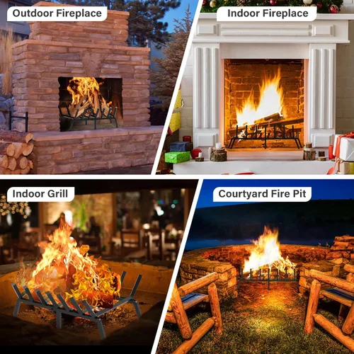 Vista 6 de SNOGSWOG Rejilla de chimenea de 24 pulgadas, estante para leña de acero sólido, rejillas de fuego resistentes, estante de chimenea negro mate