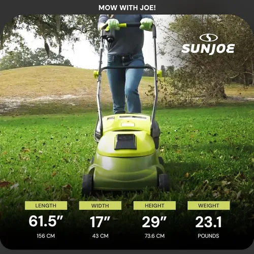 Vista 7 de Sun Joe Cortacésped inalámbrico con empuje eléctrico con bolsa de 10.6 galones, ancho de corte de 14 pulgadas, verde - Cortadora de césped