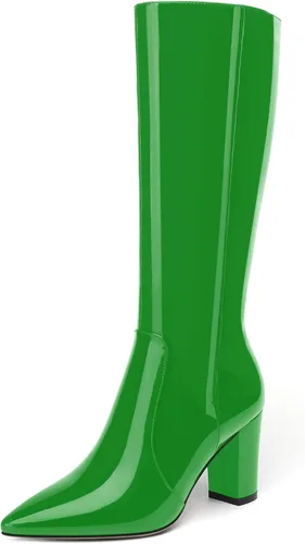 Vista 162 de AMBELIGHT Botas altas hasta la rodilla con cremallera y puntera puntiaguda para mujer, de patente sólida, tacón alto, 3.3 pulgadas