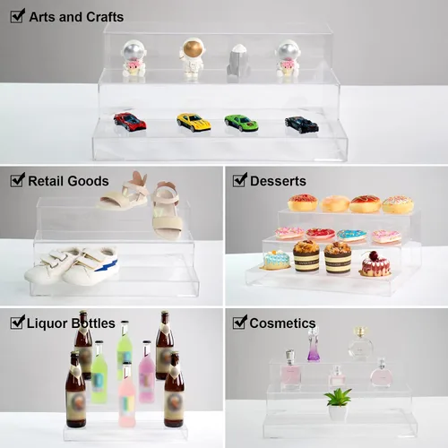 Vista 4 de Estante de 3 niveles montado para botellas, expositor de acrílico transparente para joyas, pop, botellas, cupcakes/coleccionables, soporte