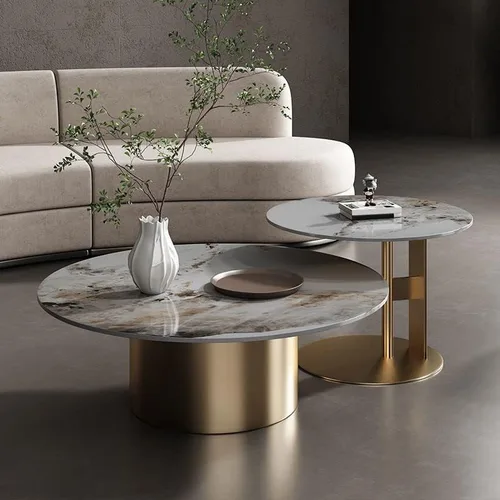 Vista 8 de Mesa auxiliar, mesa de centro redonda de estilo glamuroso de mediados de siglo con base de pedestal de acero, mesa central para sala de estar, mesa