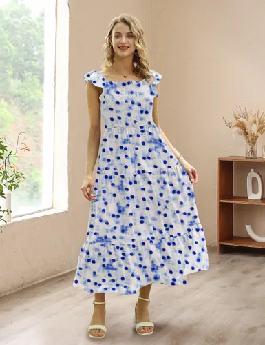 Vista 2 de YESNO Vestido largo de verano con volantes y hombros descubiertos para mujer, vestido casual con estampado floral fruncido con bolsillos E17