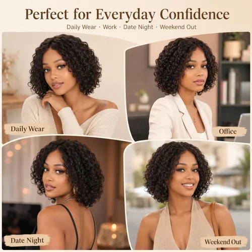 Vista 6 de Peluca de cabello humano rizado profundo de 12 pulgadas para mujeres negras, color natural Glueless T Part HD Curls Lace Front Wigs, Pre-Plucked