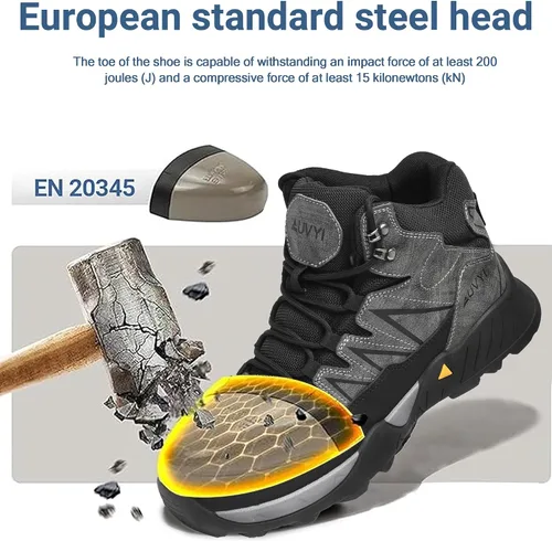 Vista 6 de AUVYI Botas de trabajo impermeables con punta de acero para hombre, de ancho, cómodas, duraderas, antideslizantes, de cuero, zapatos de trabajo