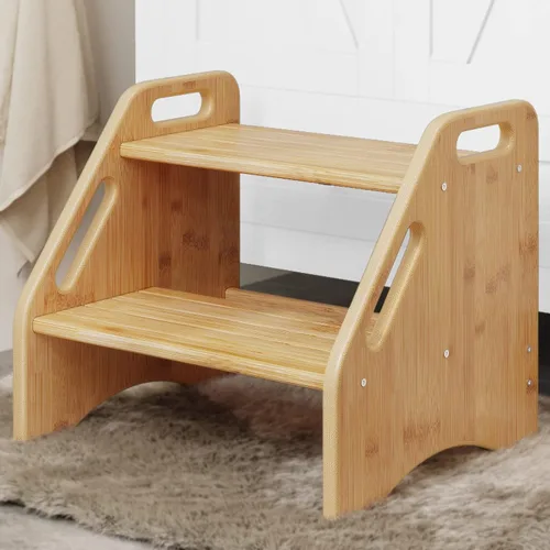 Vista 12 de AMBIRD Taburete de madera – Capacidad de dos pasos de 300 libras con almohadillas antideslizantes de seguridad y asas, bambú para baño, cocina Negro