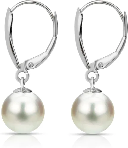 Vista 3 de Pendientes colgantes redondos de oro blanco de 14 quilates cultivados de agua dulce de alto brillo con perlas