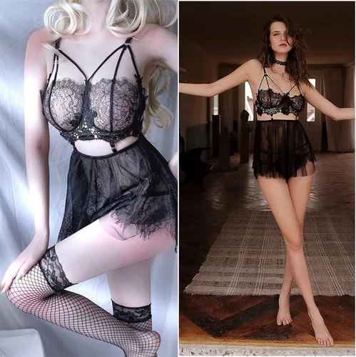 Vista 2 de SPORCLO Lencería de talla grande para mujer, babydoll de encaje negro, sexy, de malla, cintura alta, camisón exótico con tiras