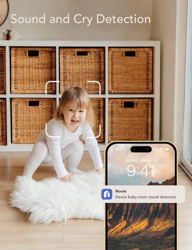 Vista 2 de Nooie Monitor de bebé con detección de llanto, cámara y audio, visión nocturna 1080P, detección de movimiento y sonido, cámara de seguridad WiFi